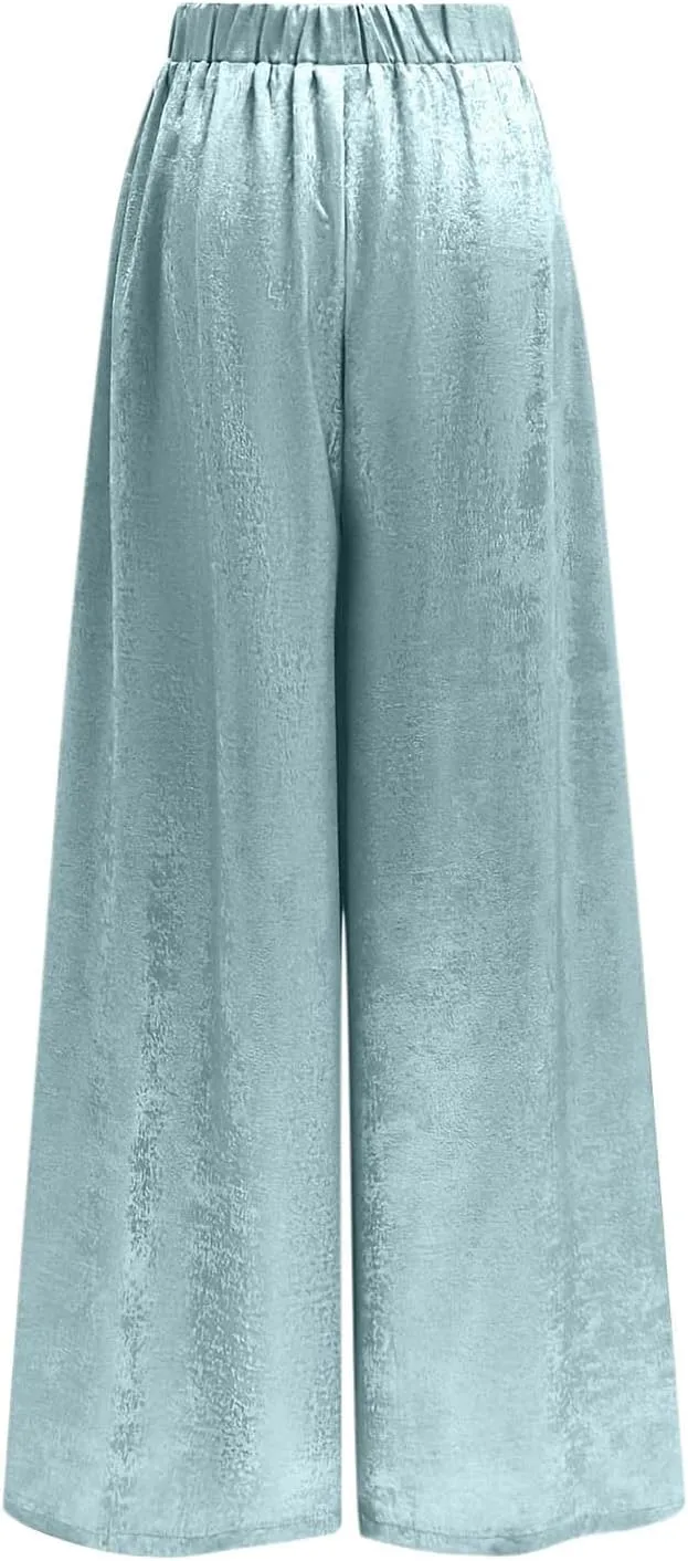 Womens Casual Velvet Palazzo Pants Summer Trendy Wide Leg Pants Elastic High Waist Drawstring Trousers with Pockets