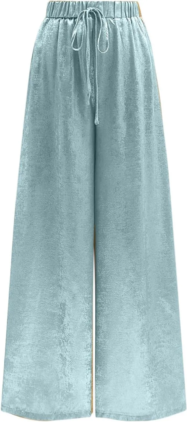 Womens Casual Velvet Palazzo Pants Summer Trendy Wide Leg Pants Elastic High Waist Drawstring Trousers with Pockets