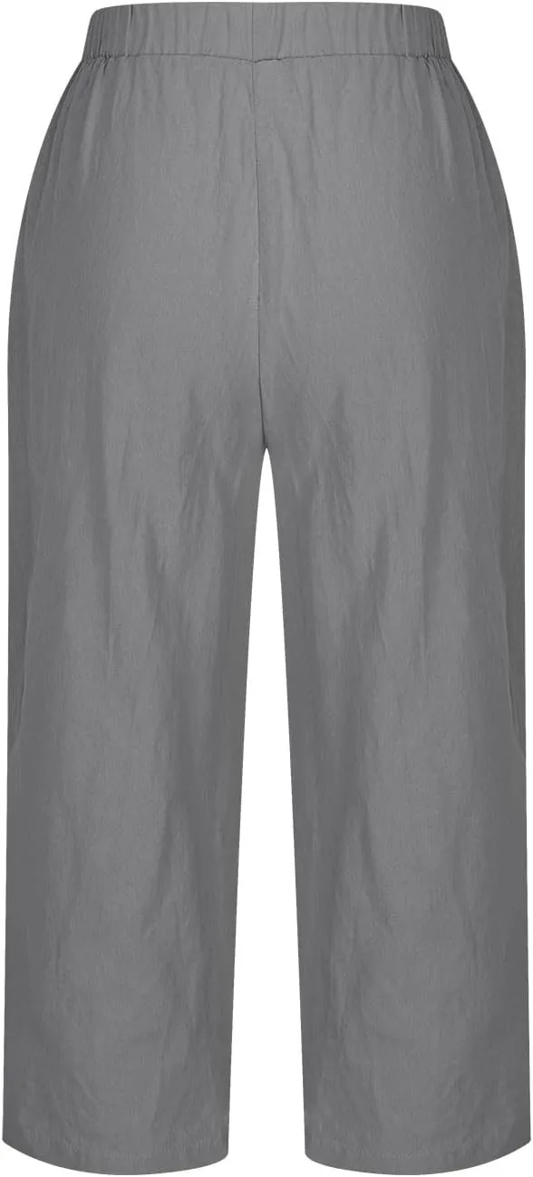 Women's Cotton Linen Capri Pants with Pockets Lightweight Travel Hiking Summer Pant Casual Straight Leg Sweatpants