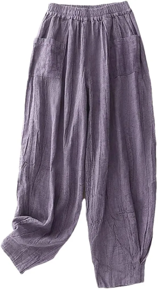 Women's Cotton Linen High Waist Harem Pants Elastic Waist Loose Fit Retro Pleated Full Length Trousers