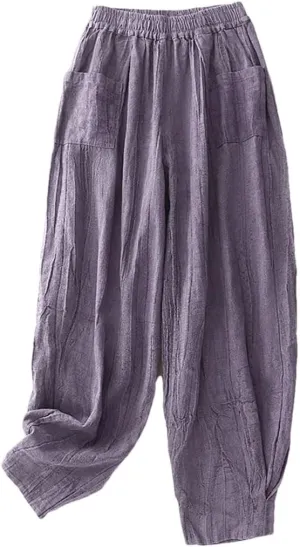 Women's Cotton Linen High Waist Harem Pants Elastic Waist Loose Fit Retro Pleated Full Length Trousers