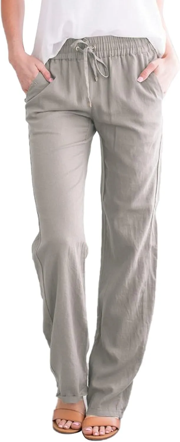 Women's Cotton Linen Palazzo Pants Summer Solid Color Drawstring Wide Leg Loose Beach Trousers with Pockets