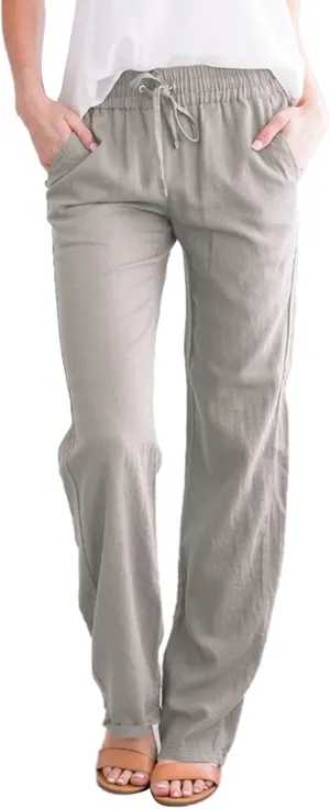 Women's Cotton Linen Palazzo Pants Summer Solid Color Drawstring Wide Leg Loose Beach Trousers with Pockets