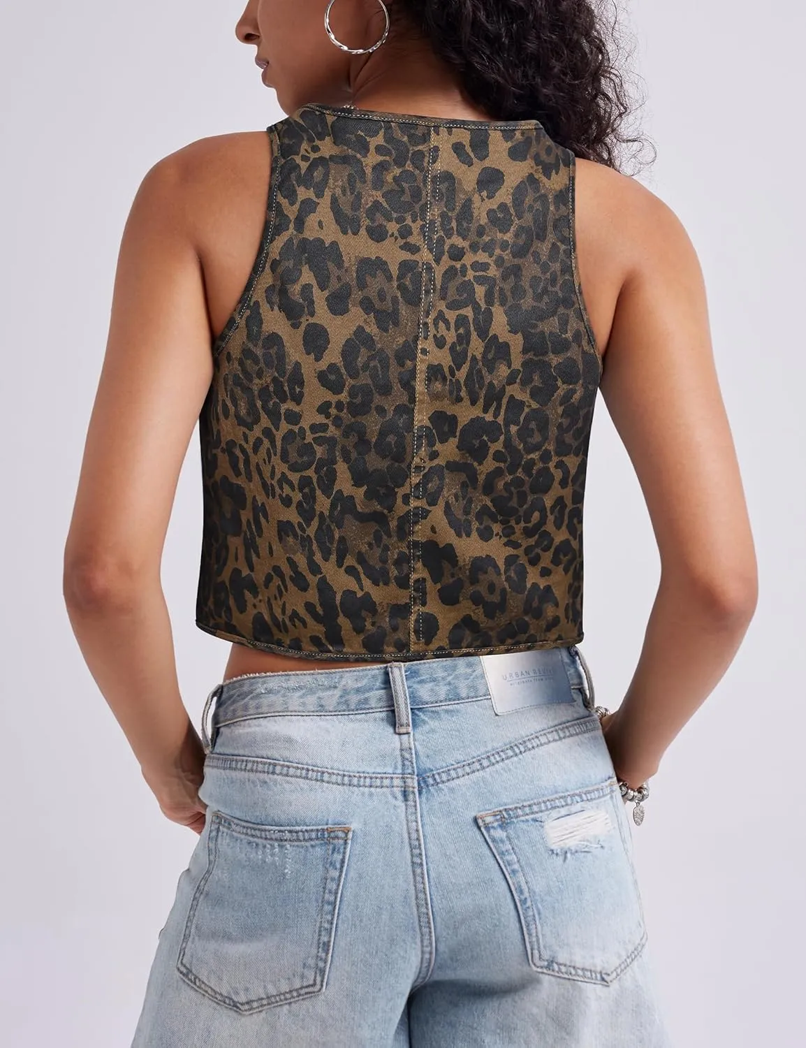 Womens Denim Vest Crop Sleeveless V Neck Denim Top Retro Tie Up Front Jean Vest