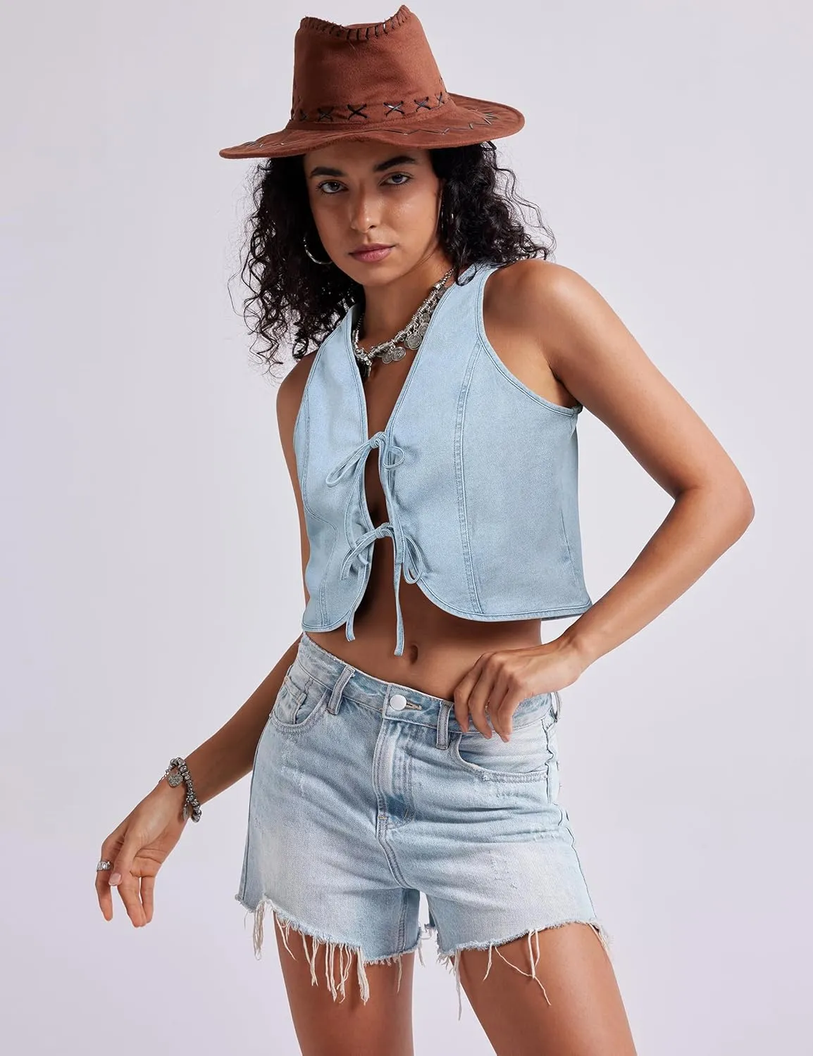 Womens Denim Vest Crop Sleeveless V Neck Denim Top Retro Tie Up Front Jean Vest