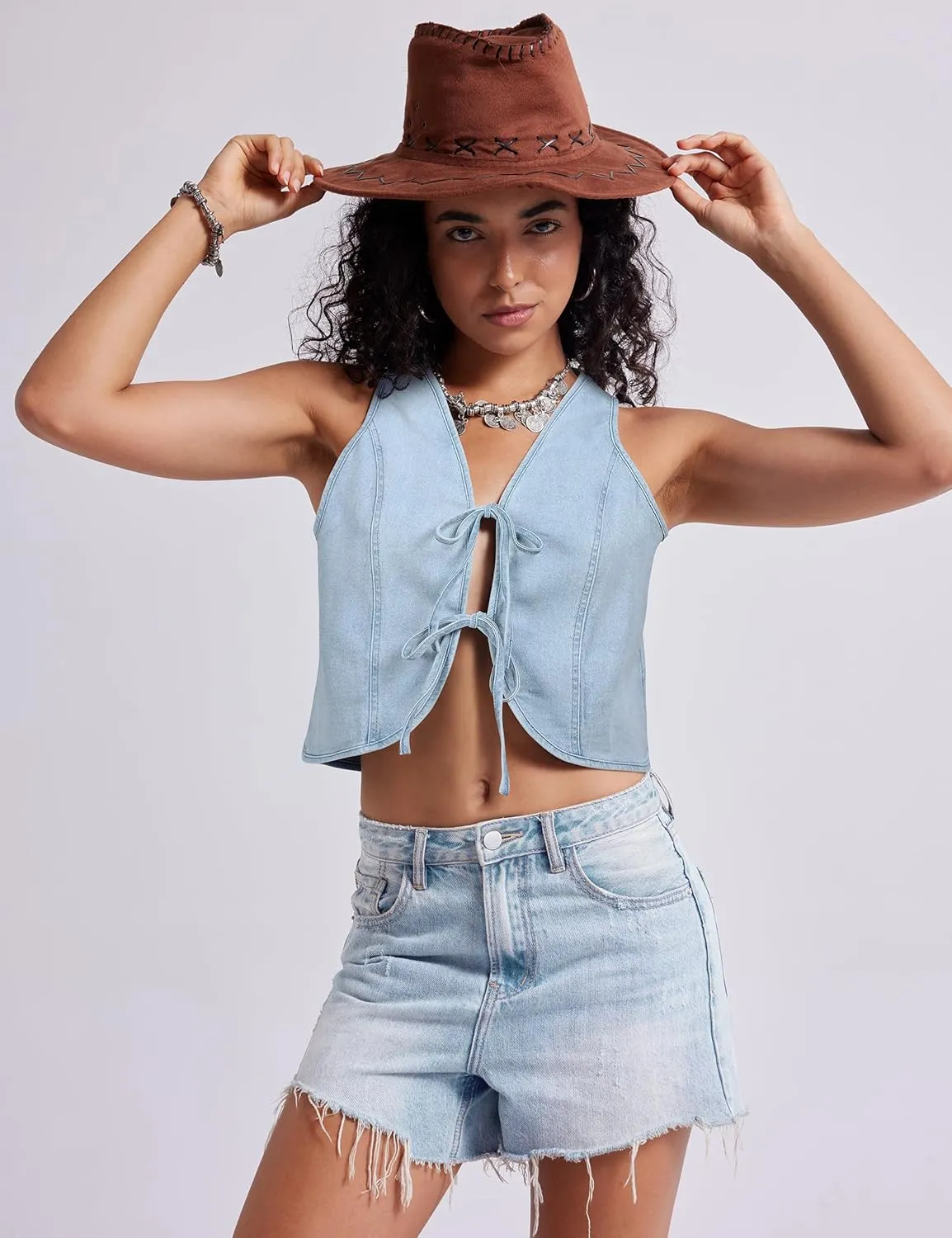 Womens Denim Vest Crop Sleeveless V Neck Denim Top Retro Tie Up Front Jean Vest