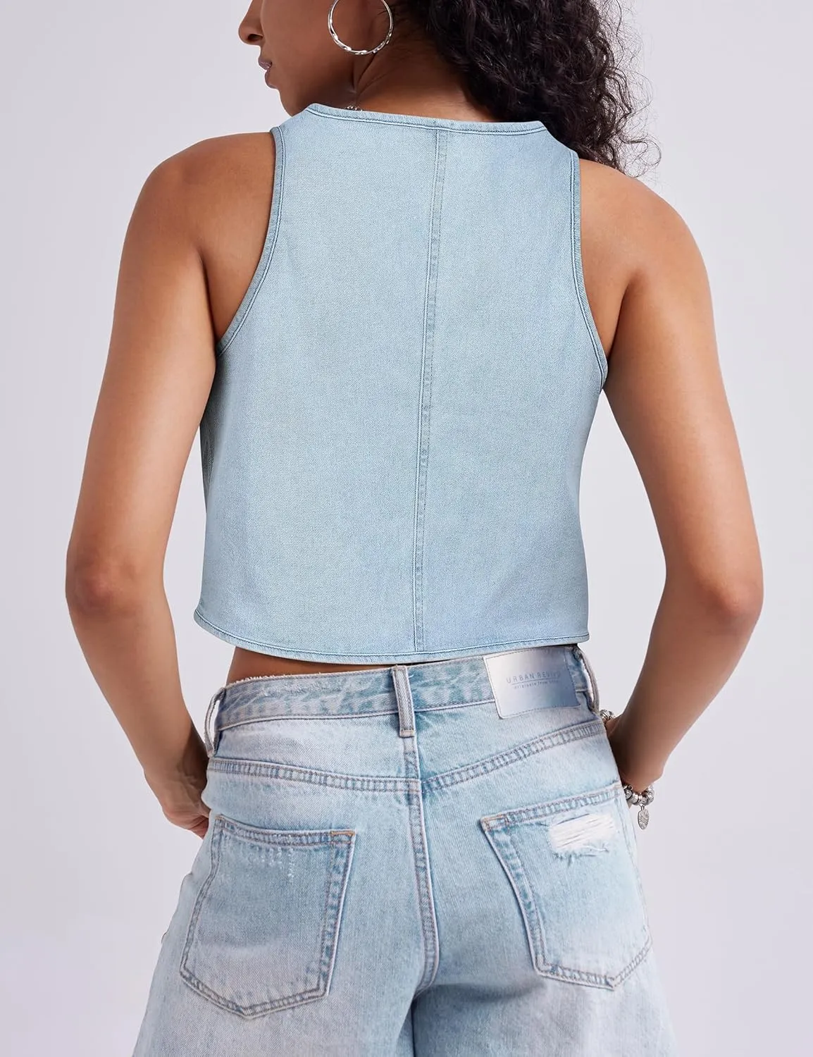 Womens Denim Vest Crop Sleeveless V Neck Denim Top Retro Tie Up Front Jean Vest