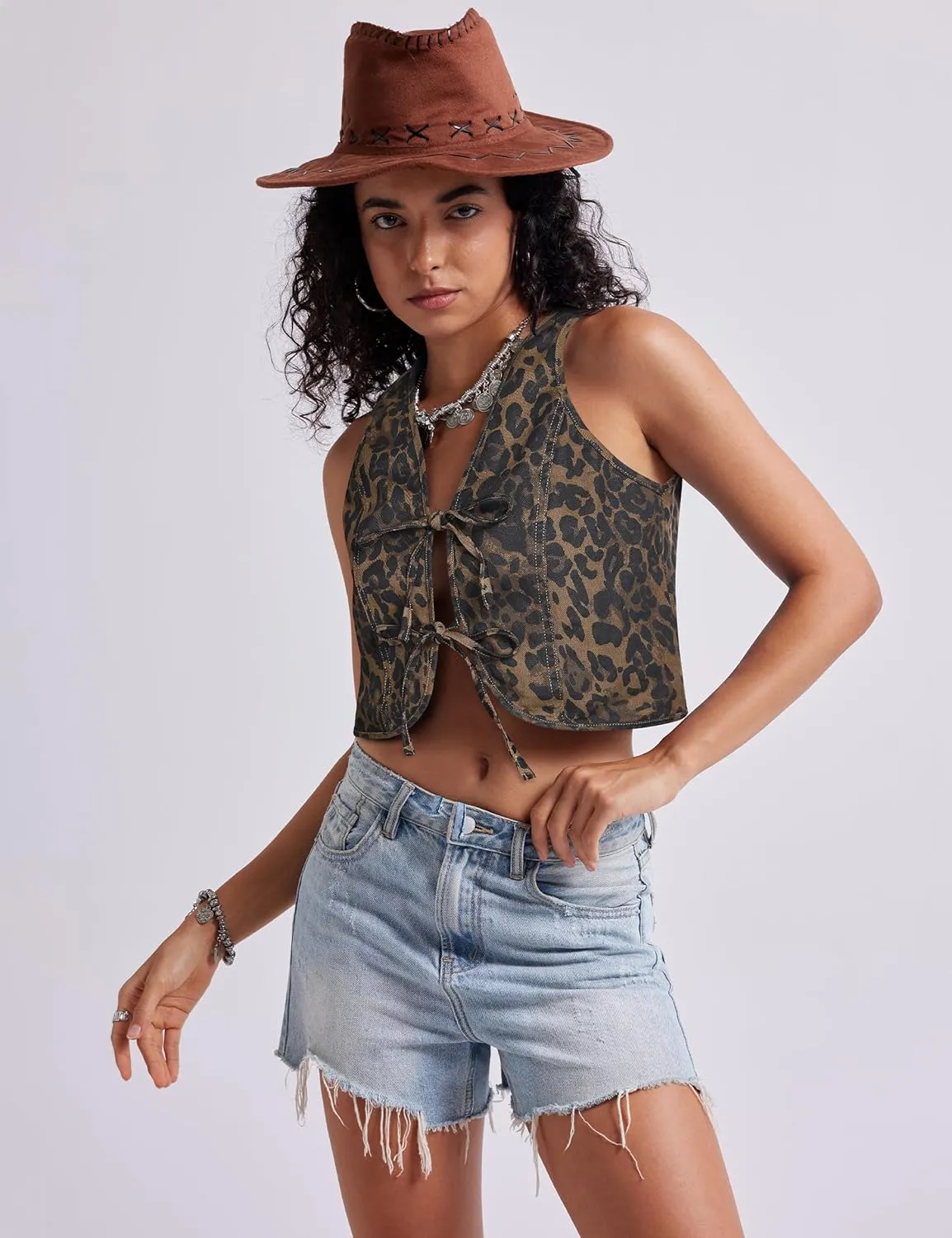 Womens Denim Vest Crop Sleeveless V Neck Denim Top Retro Tie Up Front Jean Vest