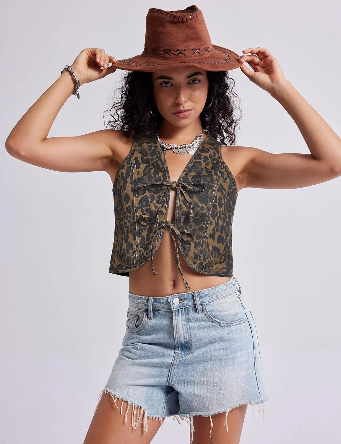Womens Denim Vest Crop Sleeveless V Neck Denim Top Retro Tie Up Front Jean Vest