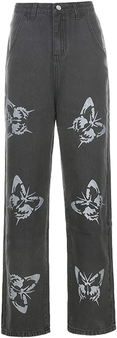 Women's Denim Wide Leg Pant Fashion High Waist Butterfly Printed Baggy Loose Fit Straight Long Trousers