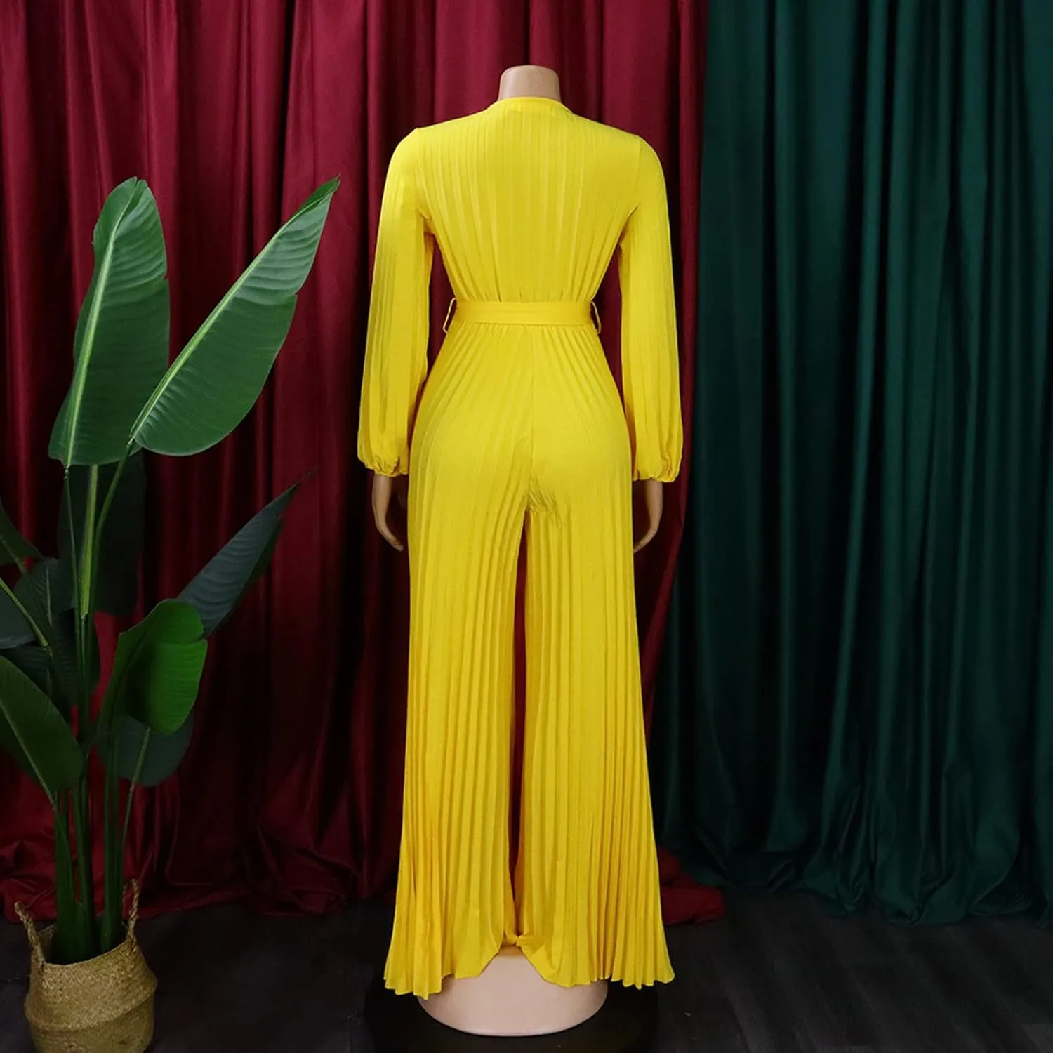 Womens Dress Jumpsuit Dressy Long Sleeve High Waist Wide Leg Romper Formal Jumpsuit Belt Pleated Deep V Neck Romper