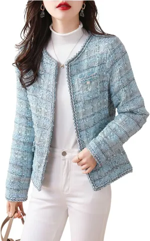 Women's Fall 2024 Open Front Tweed Blazer Jacket Slim Fit Business Casual Tweed Jacket Coat