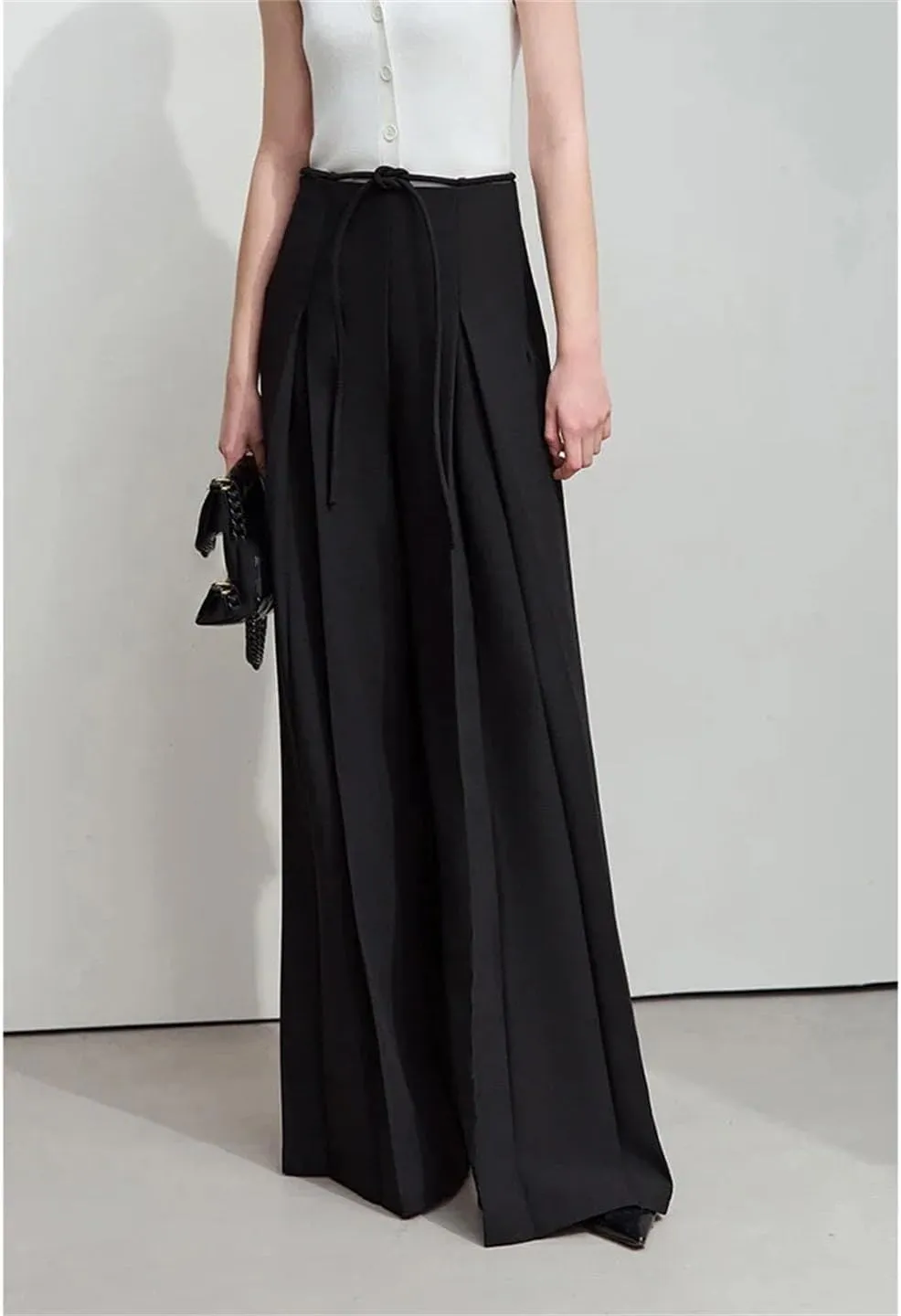 Women's High Waist Wide Leg Pants Zipper Fly Pleated Front Loose Fit Casual Full Length Minimalist Trousers