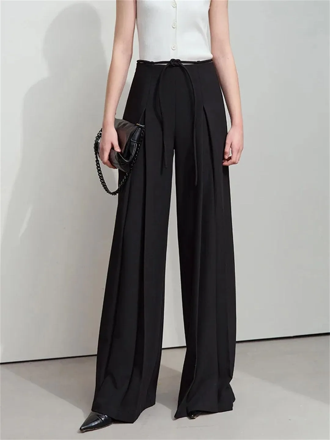 Women's High Waist Wide Leg Pants Zipper Fly Pleated Front Loose Fit Casual Full Length Minimalist Trousers