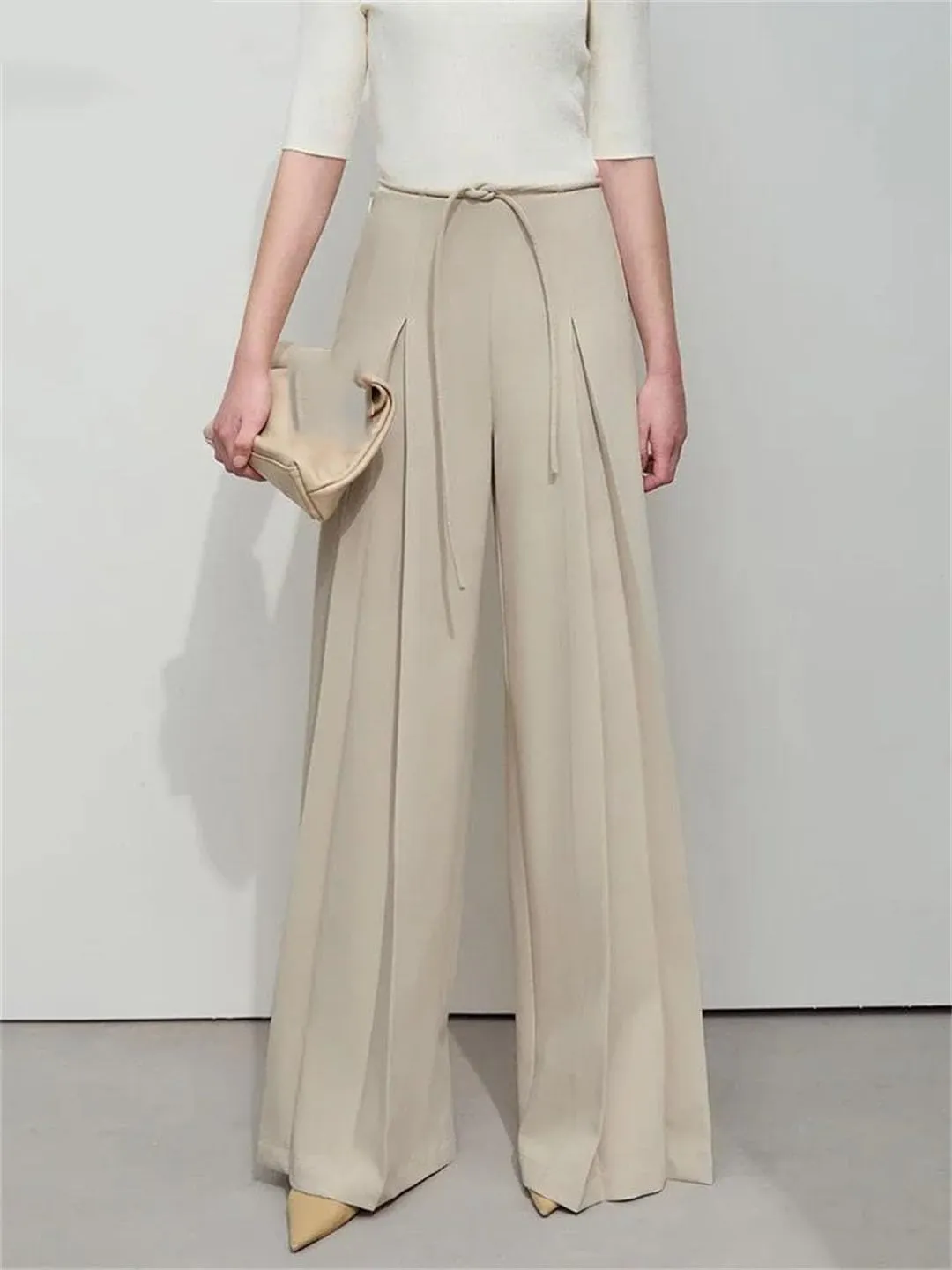 Women's High Waist Wide Leg Pants Zipper Fly Pleated Front Loose Fit Casual Full Length Minimalist Trousers