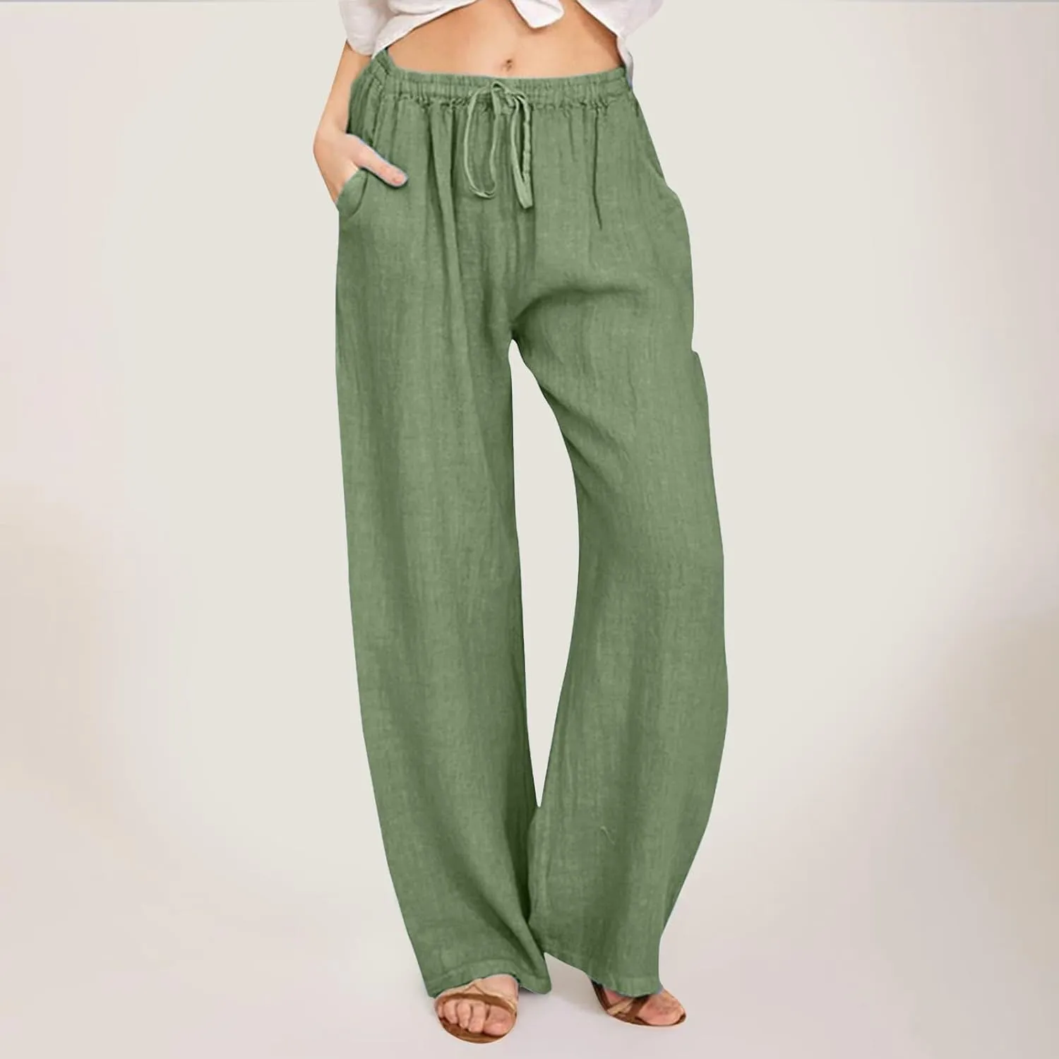 Womens Linen Summer Tie Knot Palazzo Pants Elastic Waisted Long Lounge Slim-Fit Palazzo Lounge Pants Office