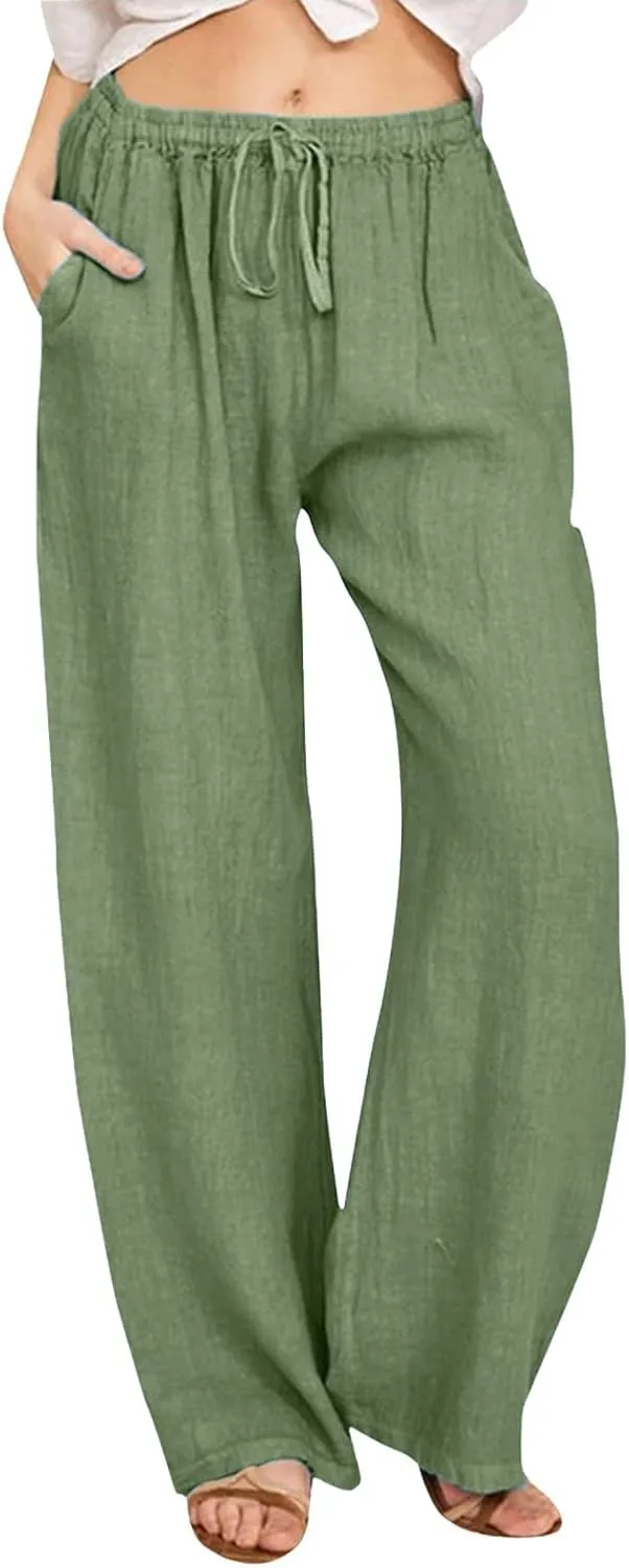 Womens Linen Summer Tie Knot Palazzo Pants Elastic Waisted Long Lounge Slim-Fit Palazzo Lounge Pants Office