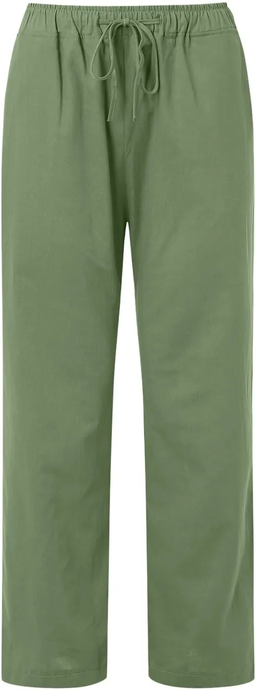 Womens Linen Summer Tie Knot Palazzo Pants Elastic Waisted Long Lounge Slim-Fit Palazzo Lounge Pants Office