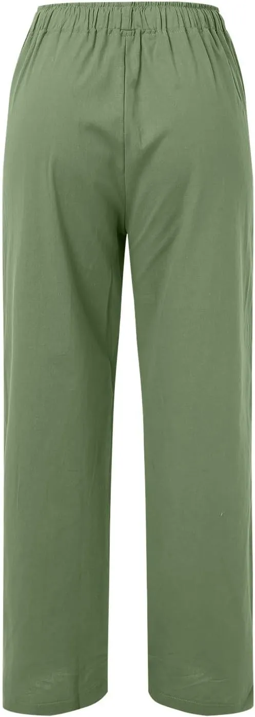 Womens Linen Summer Tie Knot Palazzo Pants Elastic Waisted Long Lounge Slim-Fit Palazzo Lounge Pants Office