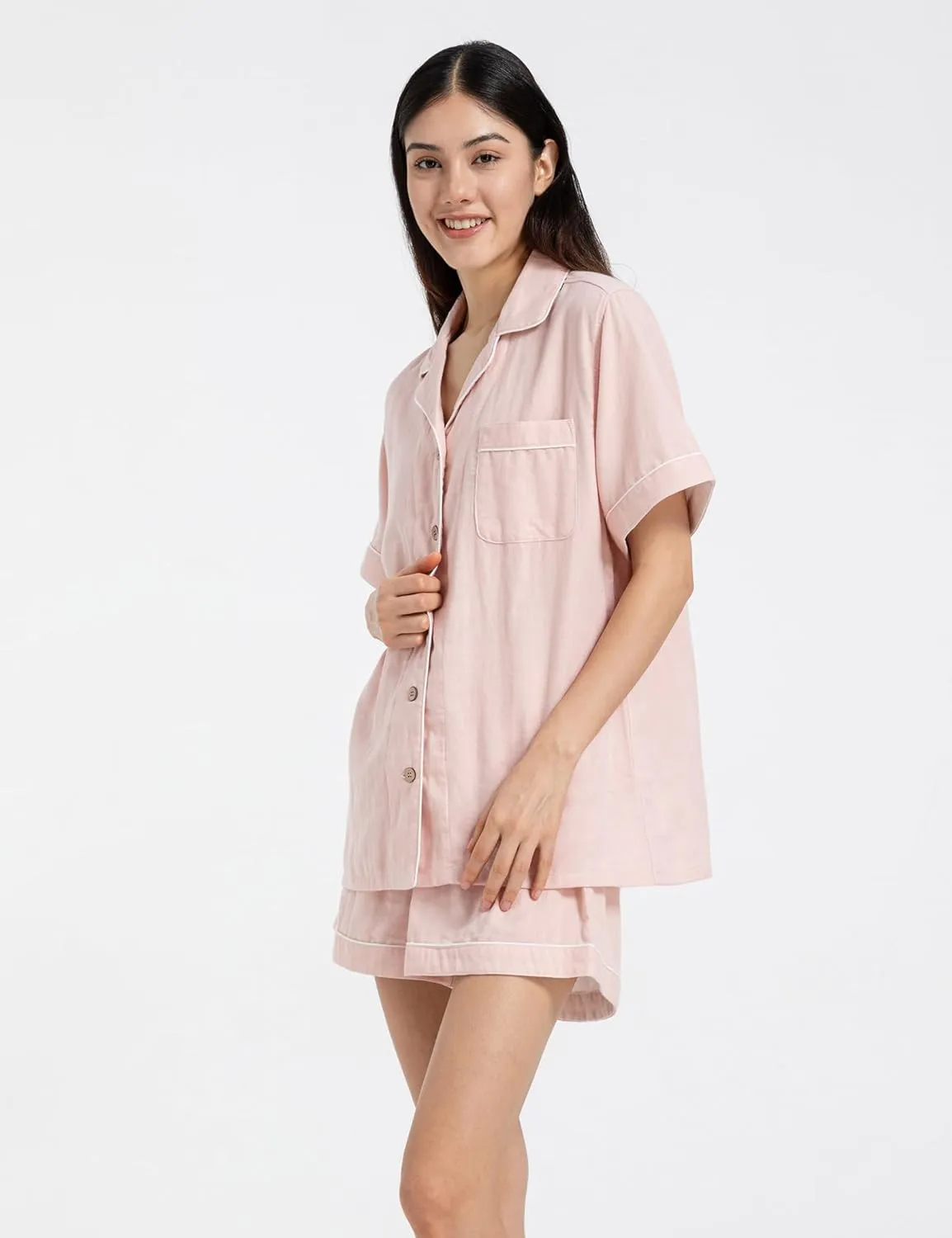 Womens Pajamas Set 100% Gauze Cotton Linen Like 2 Piece Button Down Short Pjs Sets Soft Comfy Sleepwear Loungewear