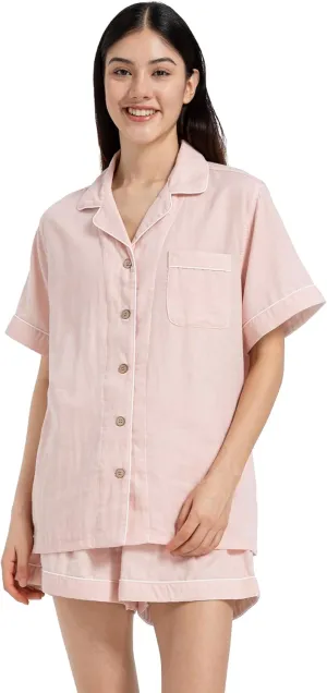 Womens Pajamas Set 100% Gauze Cotton Linen Like 2 Piece Button Down Short Pjs Sets Soft Comfy Sleepwear Loungewear