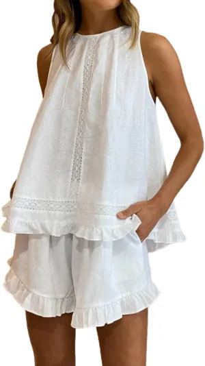 Womens Ruffle Pajamas Set Cotton 2 Piece Short Sets Fashion Summer Sleeveless Lace Trim Top and Shorts