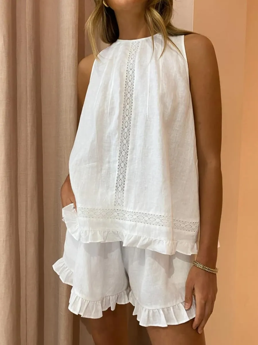 Womens Ruffle Pajamas Set Cotton 2 Piece Short Sets Fashion Summer Sleeveless Lace Trim Top and Shorts