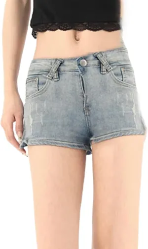 Women's Scratch Design High Waisted Denim Shorts Young Girls Vintage Bottoms Straight Casual Mini Pants