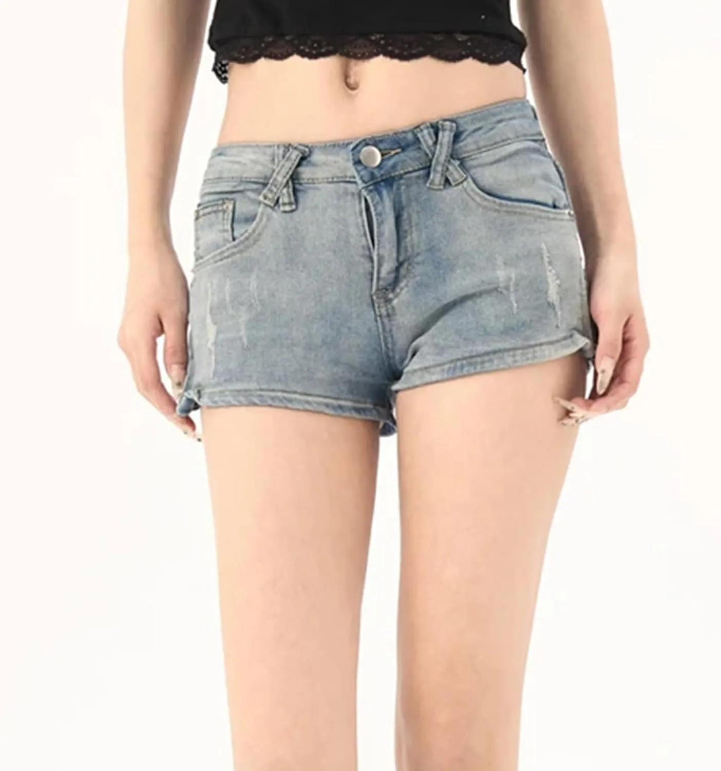Women's Scratch Design High Waisted Denim Shorts Young Girls Vintage Bottoms Straight Casual Mini Pants