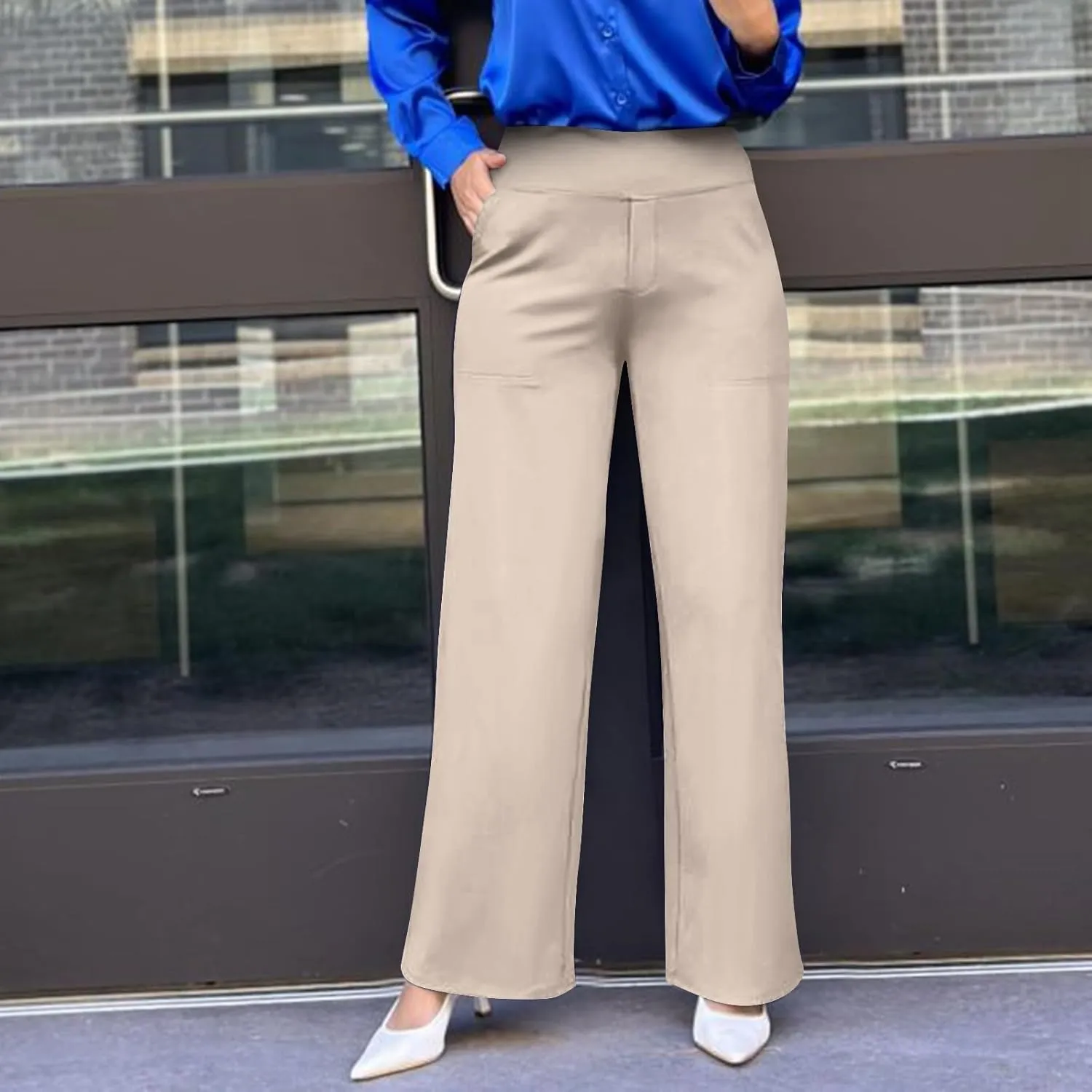 Women's Straight Leg Yoga Pants with Pockets High Waist Office Work Stretch Dress Pants Baggy Trouser Sweatpants
