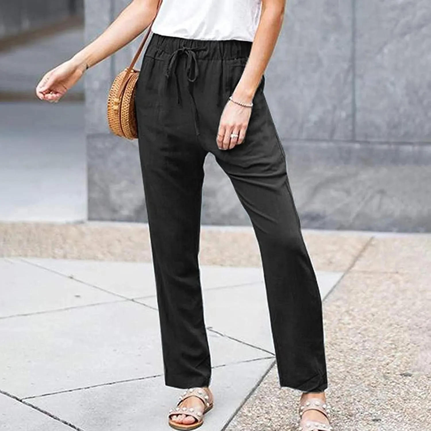 Women's Summer Casual Yoga Palazzo Pants Solid Color Drawstring High Waist Loose Fit Linen Straight Trousers Pockets
