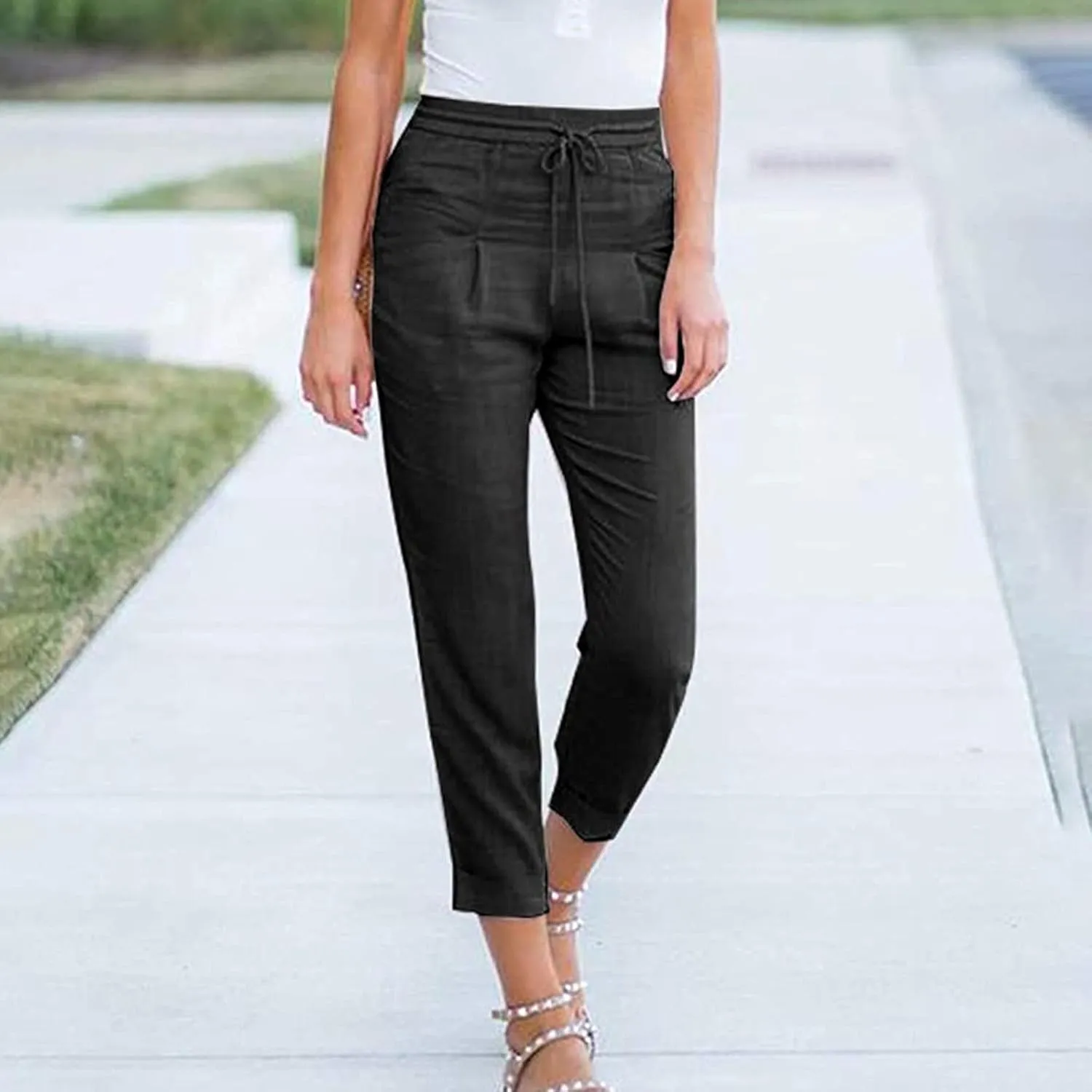Women's Summer Casual Yoga Palazzo Pants Solid Color Drawstring High Waist Loose Fit Linen Straight Trousers Pockets
