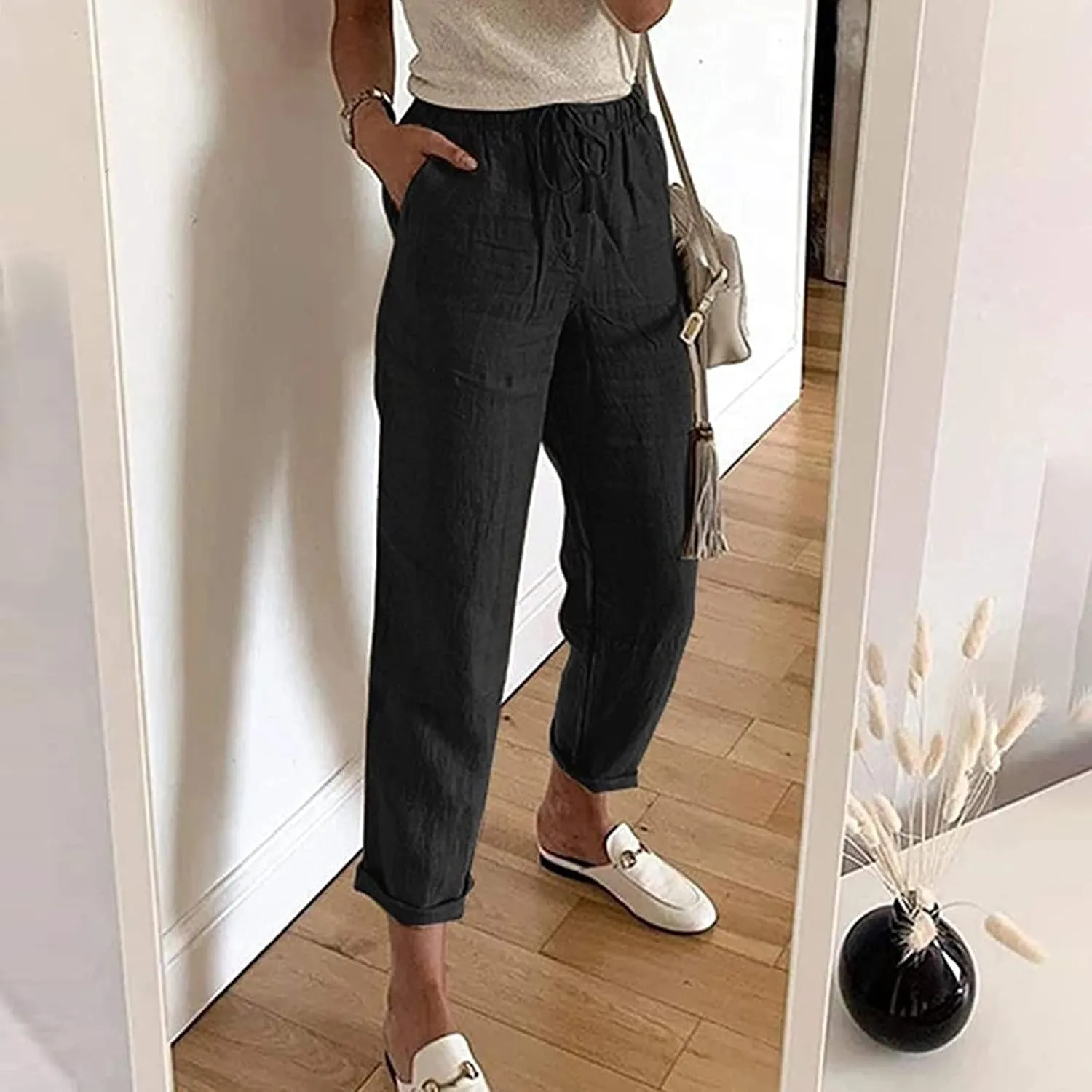 Women's Summer Casual Yoga Palazzo Pants Solid Color Drawstring High Waist Loose Fit Linen Straight Trousers Pockets
