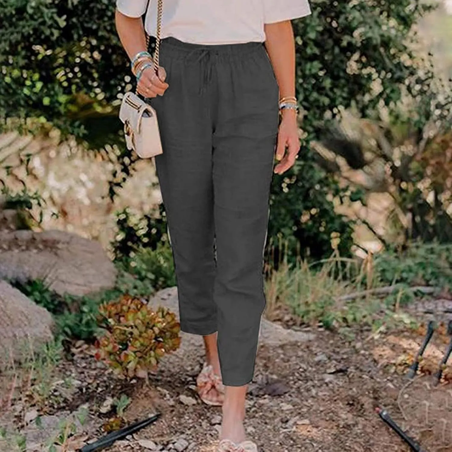 Women's Summer Casual Yoga Palazzo Pants Solid Color Drawstring High Waist Loose Fit Linen Straight Trousers Pockets