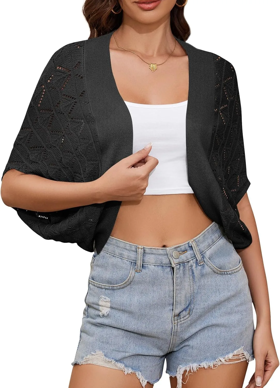 Women's Summer Lightweight Crochet Cardigan Shrug Open Front Batwing Sleeve Knit Summer Boho Cover Up