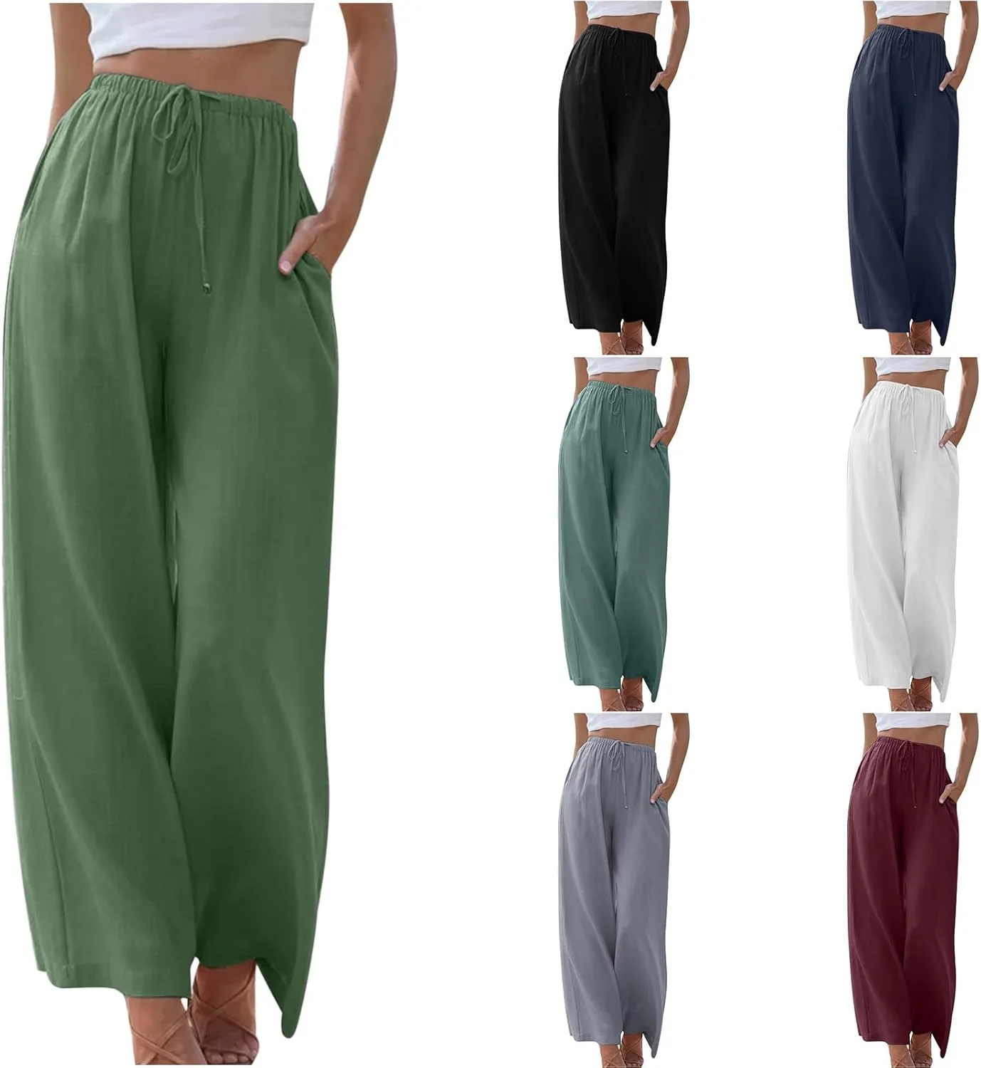 Womens Summer Linen Palazzo Pants Causal Elastic High Waist Flowy Wide Leg Pant Trousers Resort Wear Outfits 2024