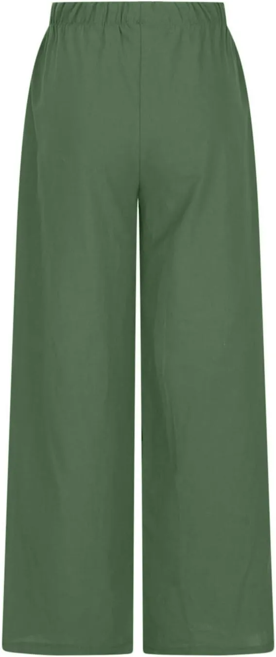 Womens Summer Linen Palazzo Pants Causal Elastic High Waist Flowy Wide Leg Pant Trousers Resort Wear Outfits 2024
