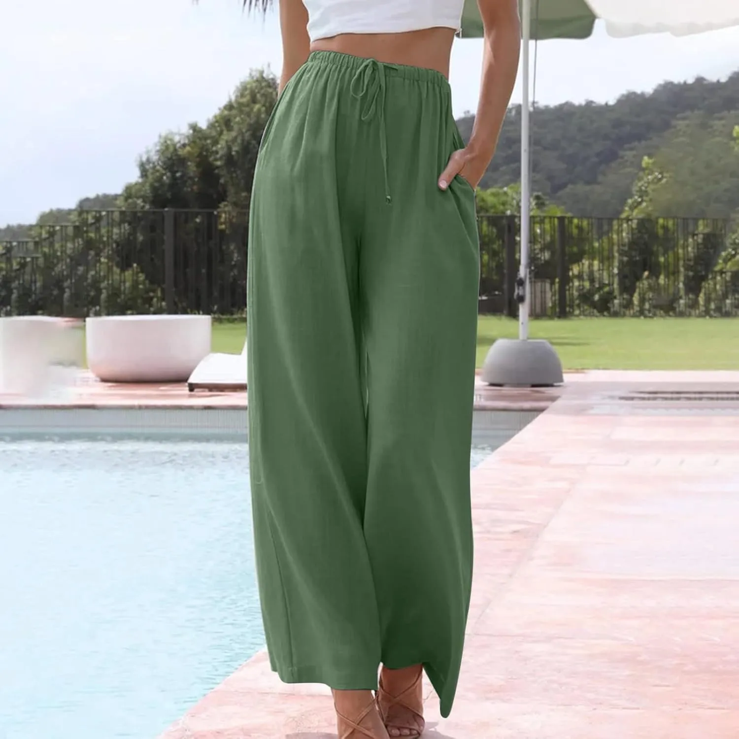 Womens Summer Linen Palazzo Pants Causal Elastic High Waist Flowy Wide Leg Pant Trousers Resort Wear Outfits 2024