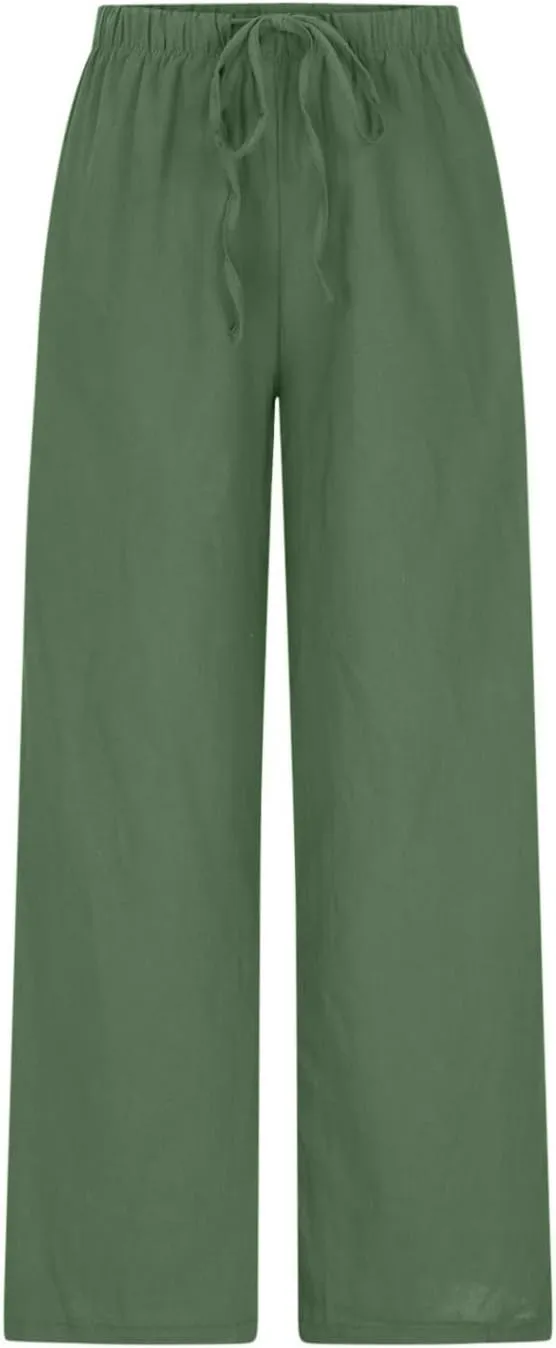 Womens Summer Linen Palazzo Pants Causal Elastic High Waist Flowy Wide Leg Pant Trousers Resort Wear Outfits 2024