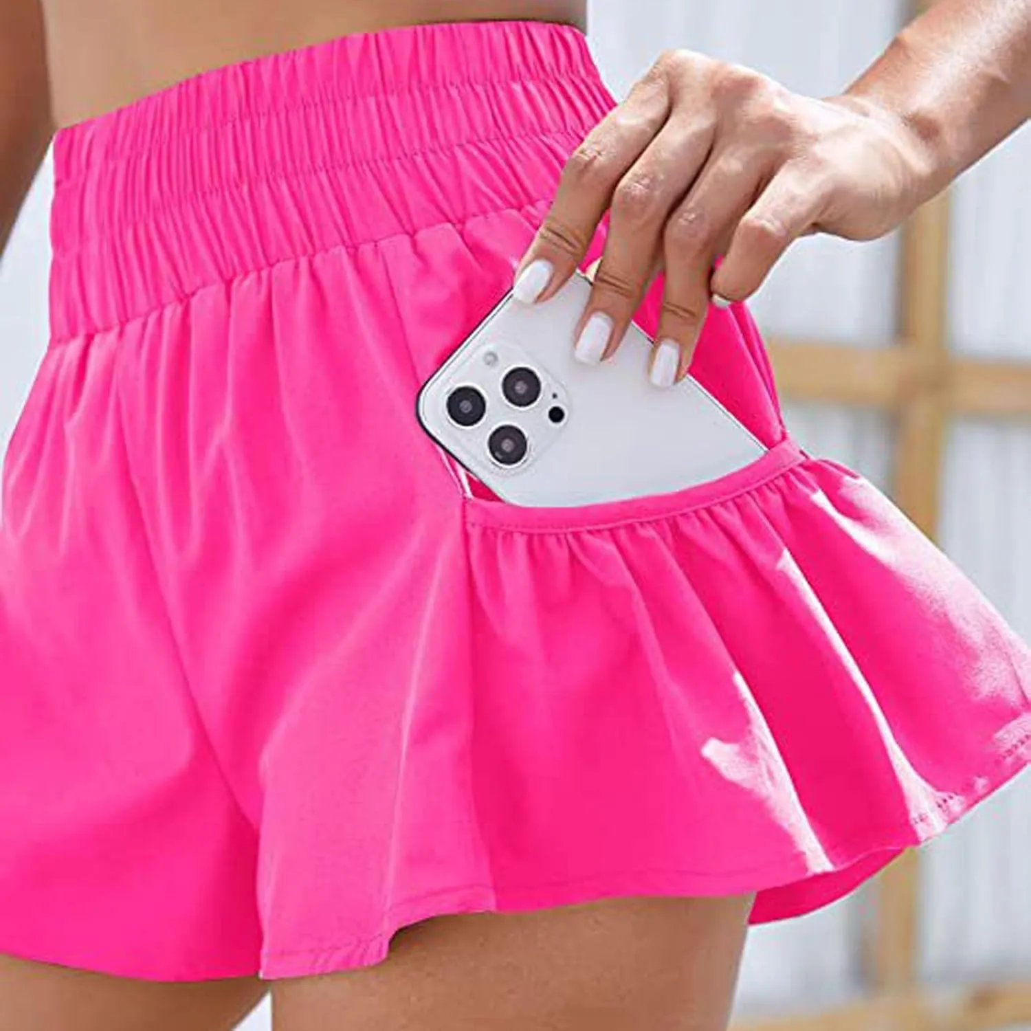 Women's Workout Skirt Ruffle Hem Athletic Running Skorts Elastic High Waisted Wide Leg Lightweight Gym Shorts with Pockets