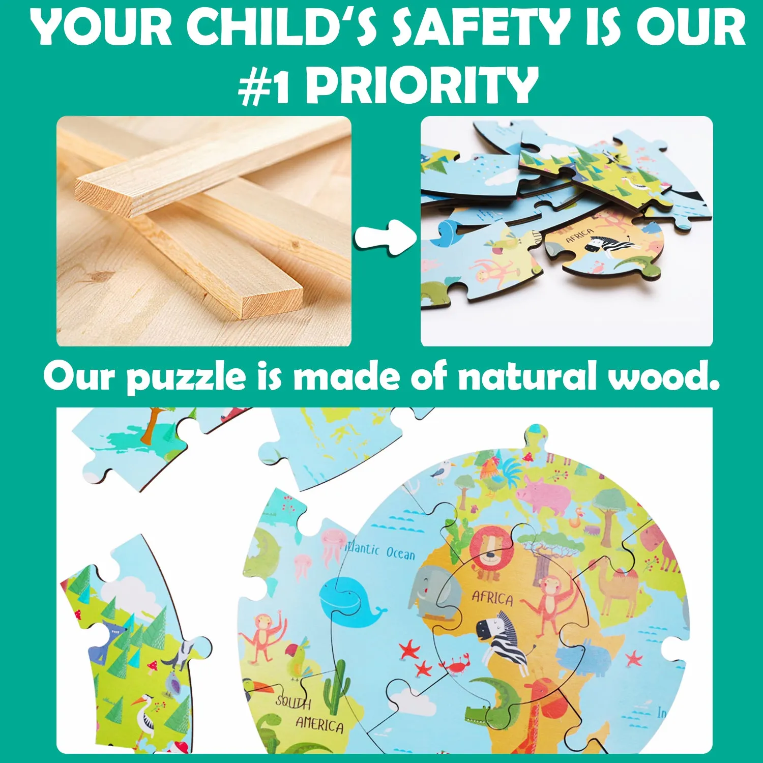 Wooden Round World Map Jigsaw Puzzle Educational Toys