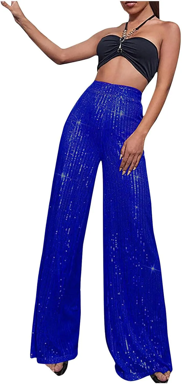 XUNRYAN Sequin Pants Women's 70s Disco Outfits High Waist Wide Leg Palazzo Pants Party Clubwear Trousers Hippie Clothes
