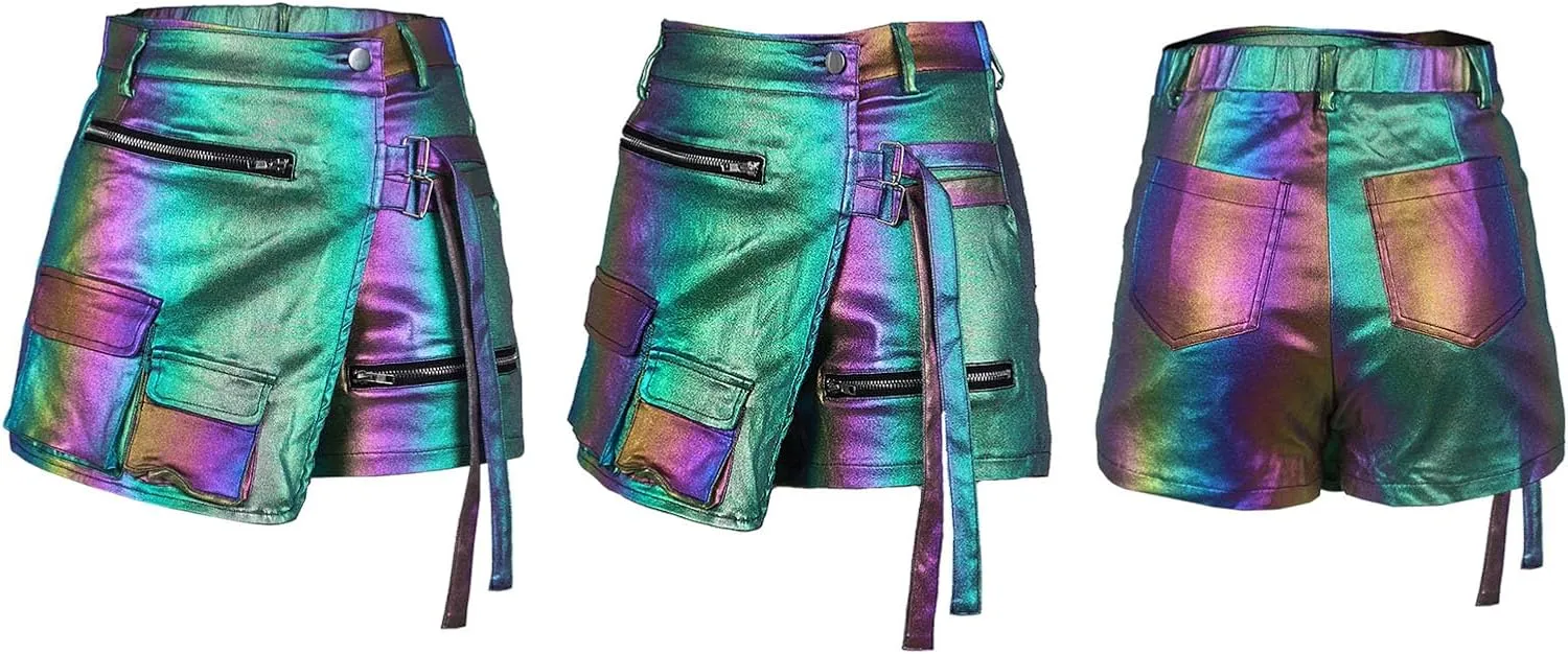 XZLUFNY Metallic Cargo Skorts for Women High Waisted Multi-Pocket A-Line Short Skirt