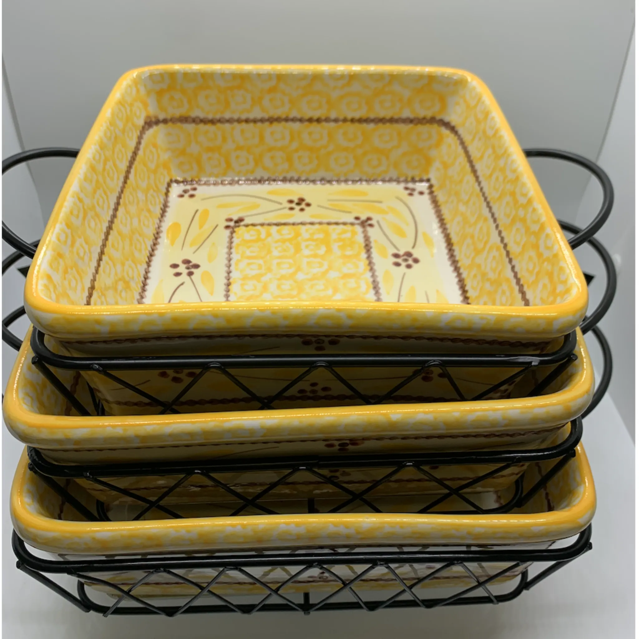 Yellow Serving Dishes with Trivets, Lids & Iron Serving Stands