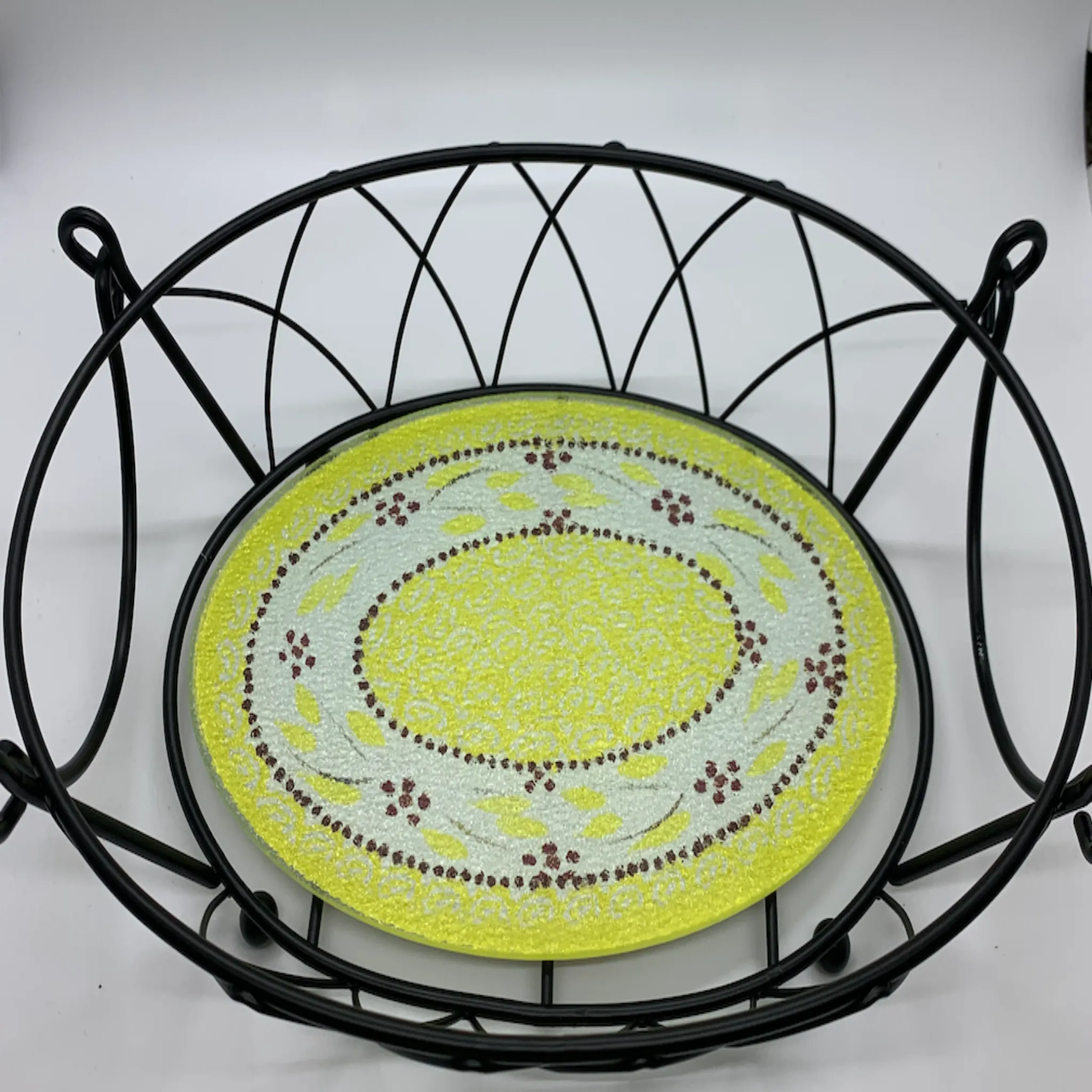 Yellow Serving Dishes with Trivets, Lids & Iron Serving Stands