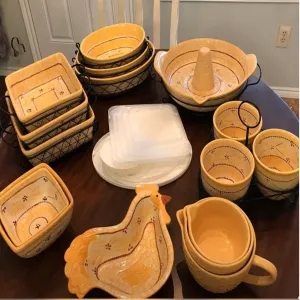 Yellow Serving Dishes with Trivets, Lids & Iron Serving Stands