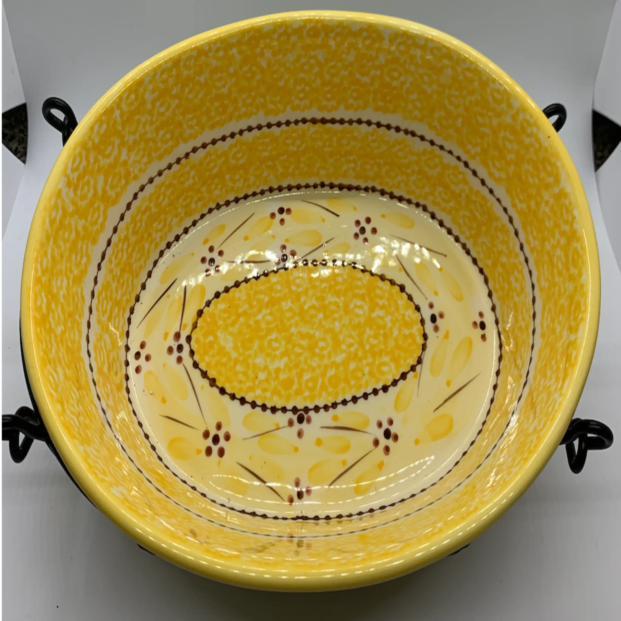 Yellow Serving Dishes with Trivets, Lids & Iron Serving Stands