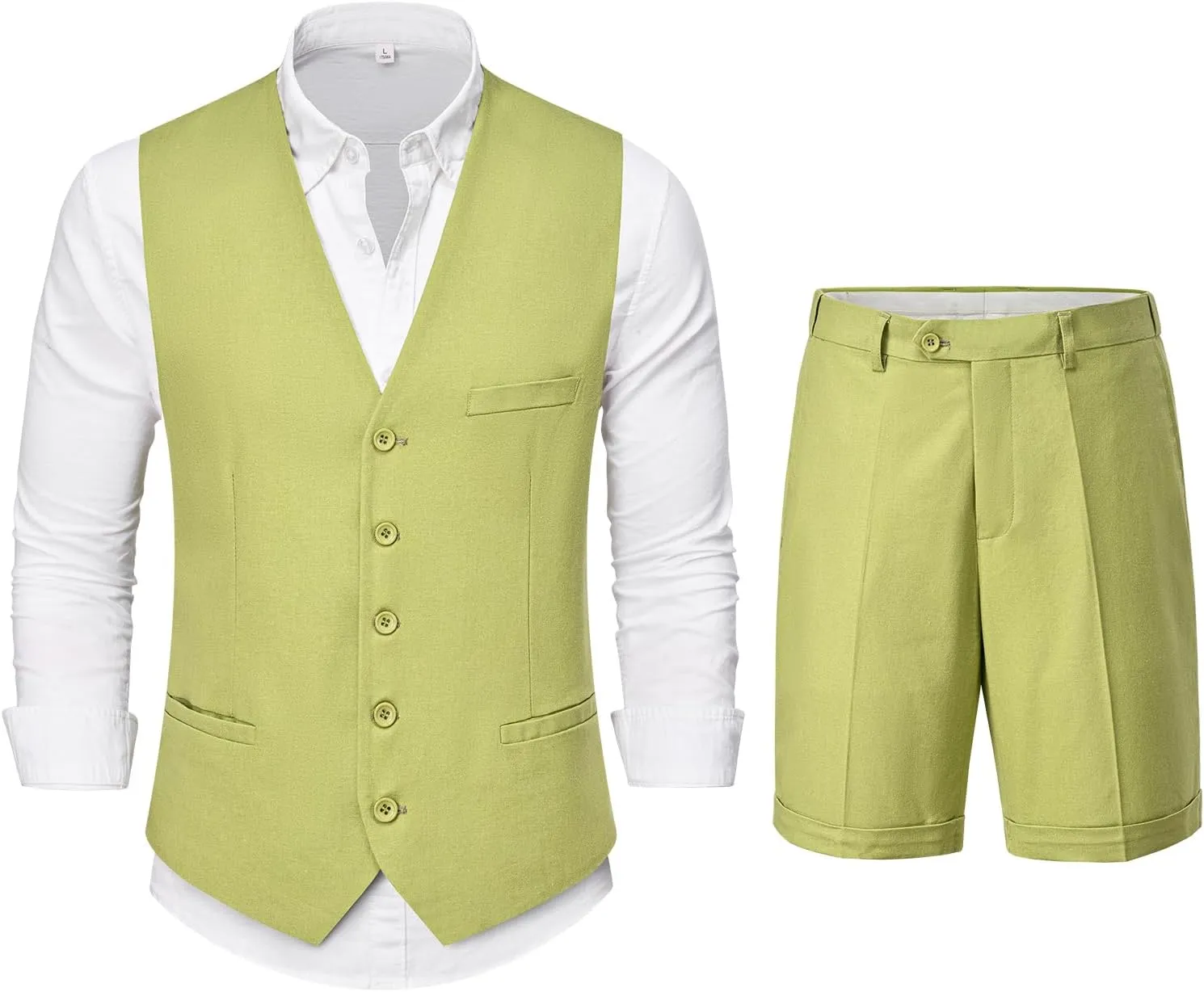 YND 2-Piece Mens Linen Waistcoat Shorts, Lightweight Vest Pants, Casual Wedding Beach Summer Prom Homecoming Outfit