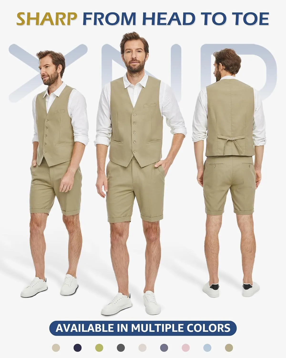 YND 2-Piece Mens Linen Waistcoat Shorts, Lightweight Vest Pants, Casual Wedding Beach Summer Prom Homecoming Outfit