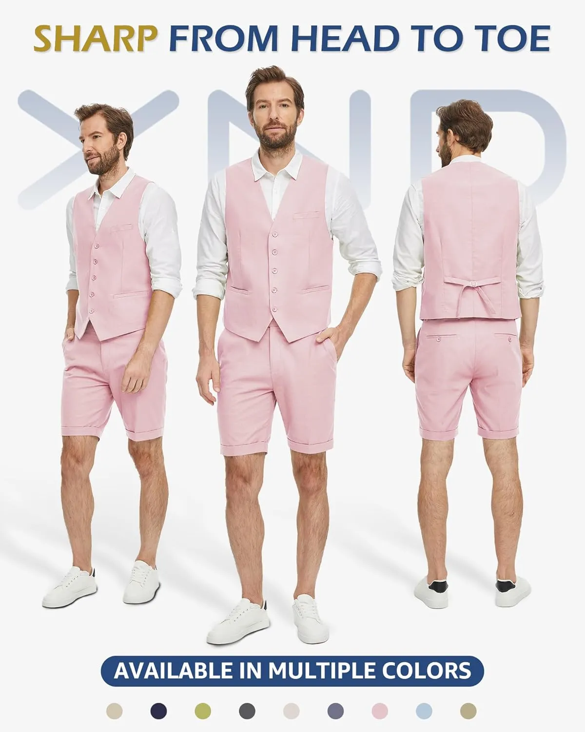 YND 2-Piece Mens Linen Waistcoat Shorts, Lightweight Vest Pants, Casual Wedding Beach Summer Prom Homecoming Outfit